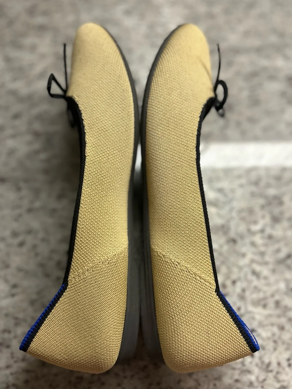 Rothy's Tan/cream Ballet Flats with Black Bow Trim and Blue Piping size 8